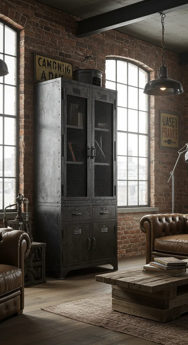 Industriële woonkamer met een hoge, donkere metalen lockerkast tegen een bakstenen muur.