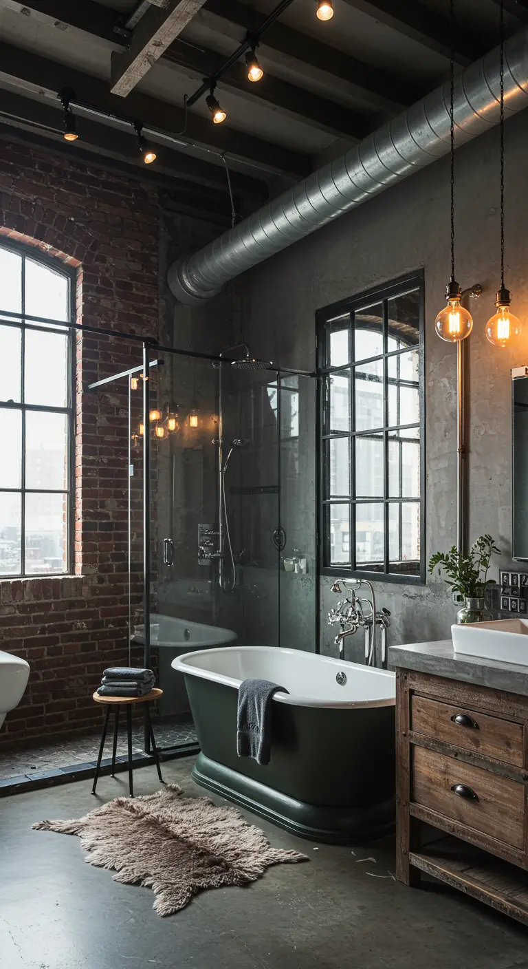 Industriële badkamer met bakstenen muur, zwart metalen doucheframe, donker bad en Edison-lampen.