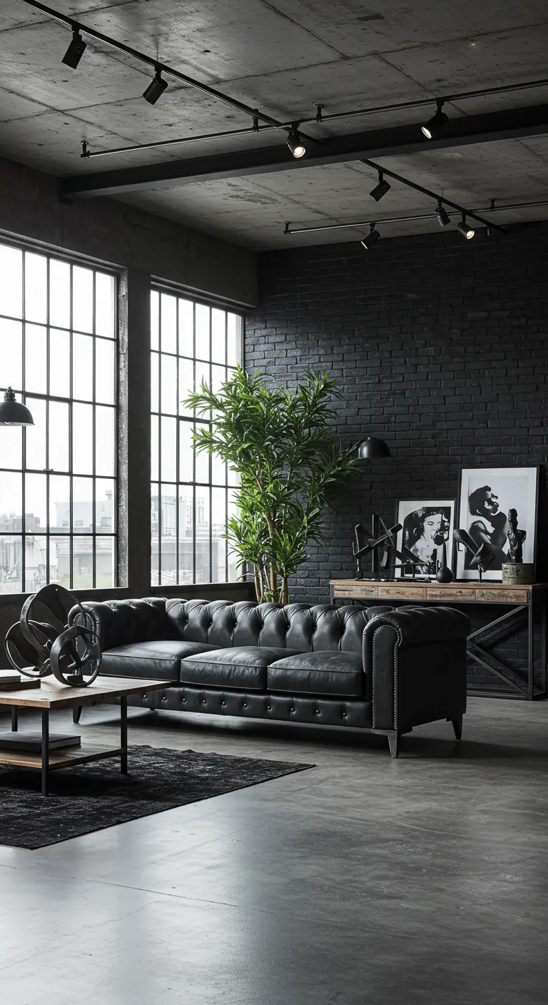 Industriële woonkamer met zwarte bakstenen muur, leren bank, grote ramen en plant.
