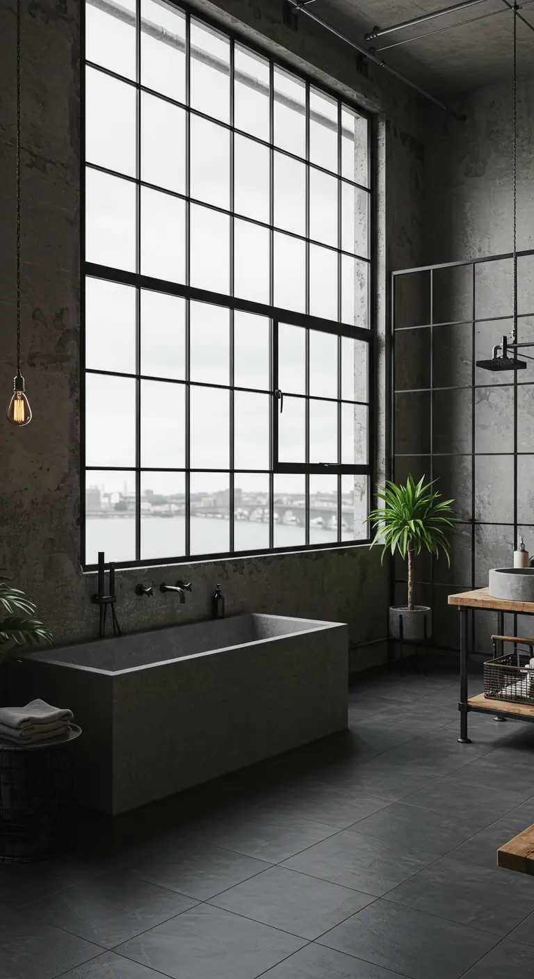 Industriële badkamer met betonnen badkuip, grote ramen en bakstenen muren.
