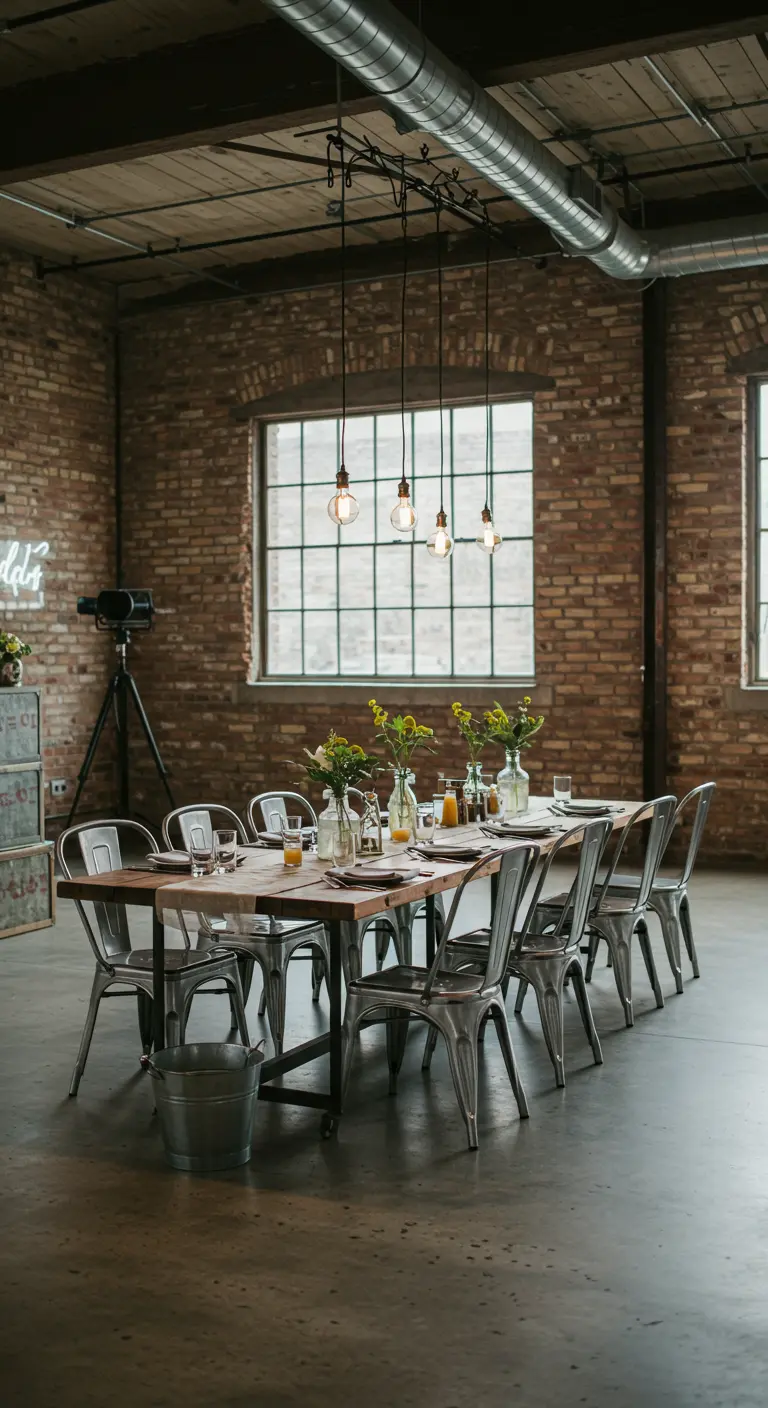 Industriële ontbijtsetting met houten tafel, metalen stoelen en peertjesverlichting in loft.