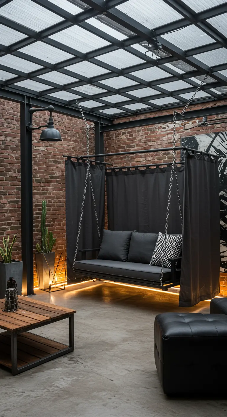 Industriële schommelbank met zwarte doeken onder een metalen overkapping, verlicht met uplighters en een hanglamp, naast een bakstenen muur.