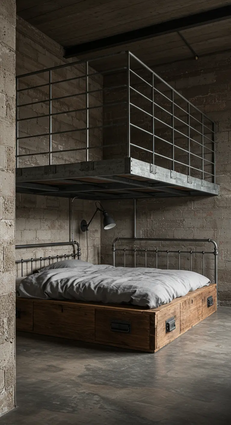 Industriële slaapkamer met een metalen videconstructie boven het bed.