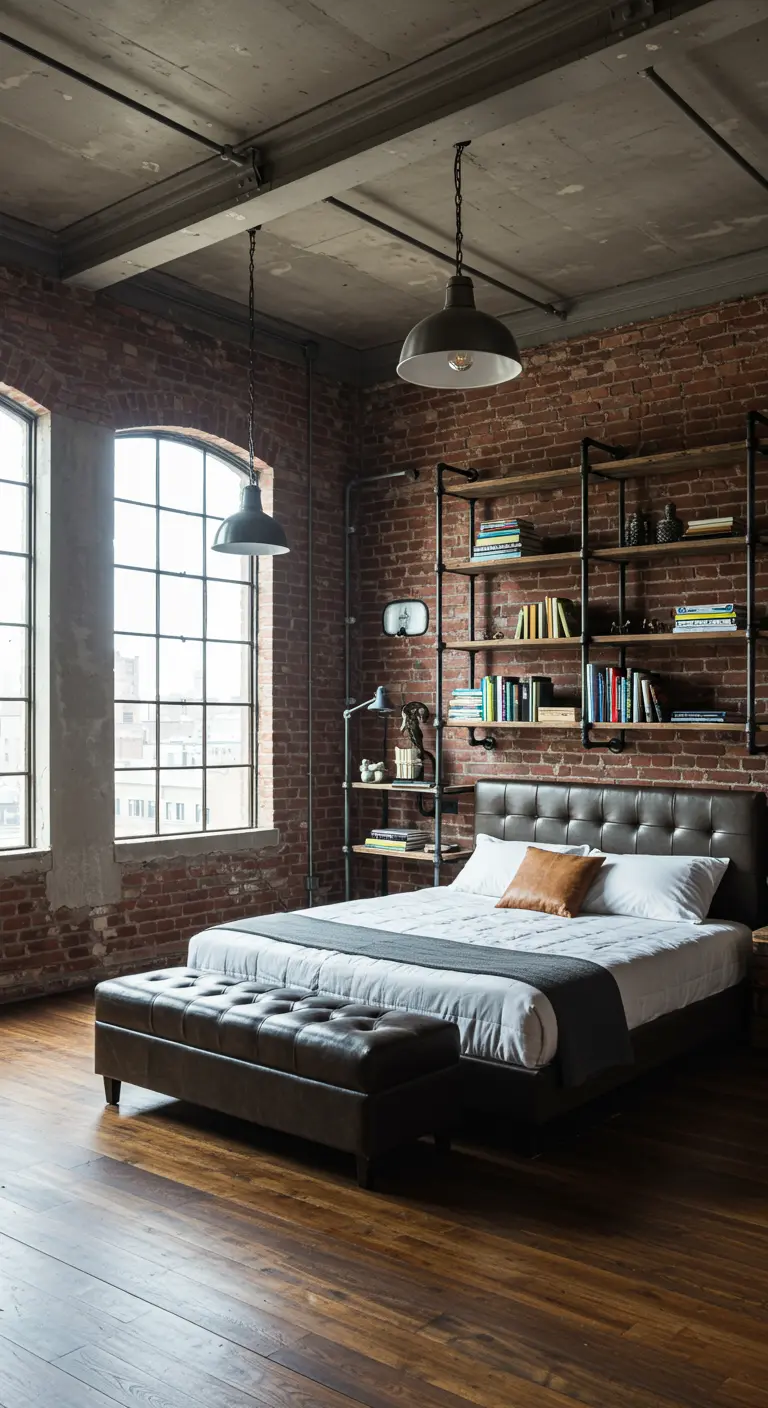 Industriële slaapkamer met bakstenen muren, metalen buizenplanken en een leren bedbank.