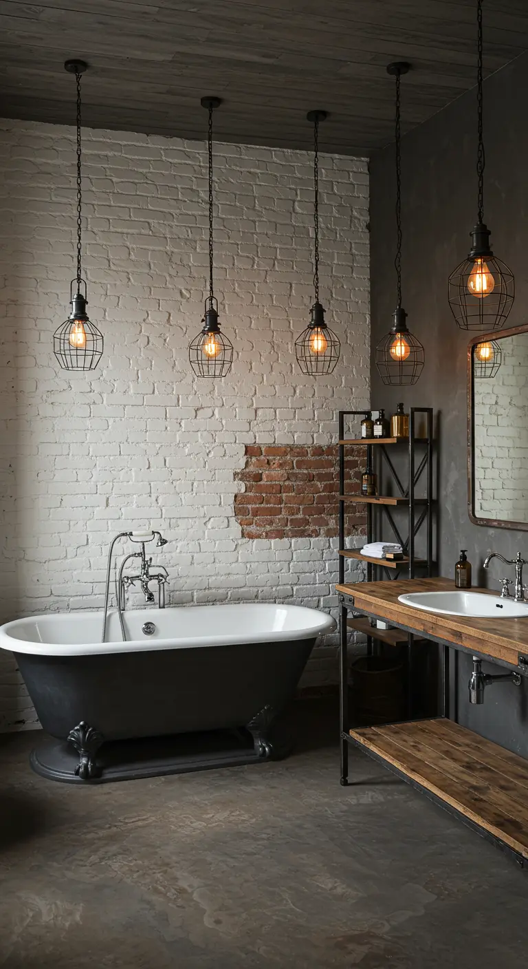 Industriële badkamer met witgeschilderde bakstenen muur, vrijstaand bad en metalen rek.