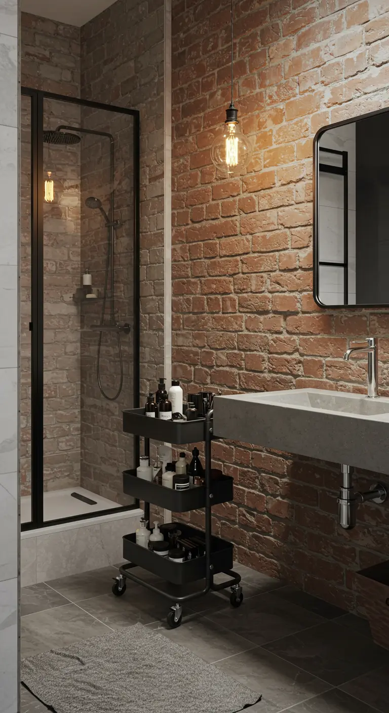 Zwarte metalen trolley met verzorgingsproducten in een industriële badkamer met bakstenen muur.