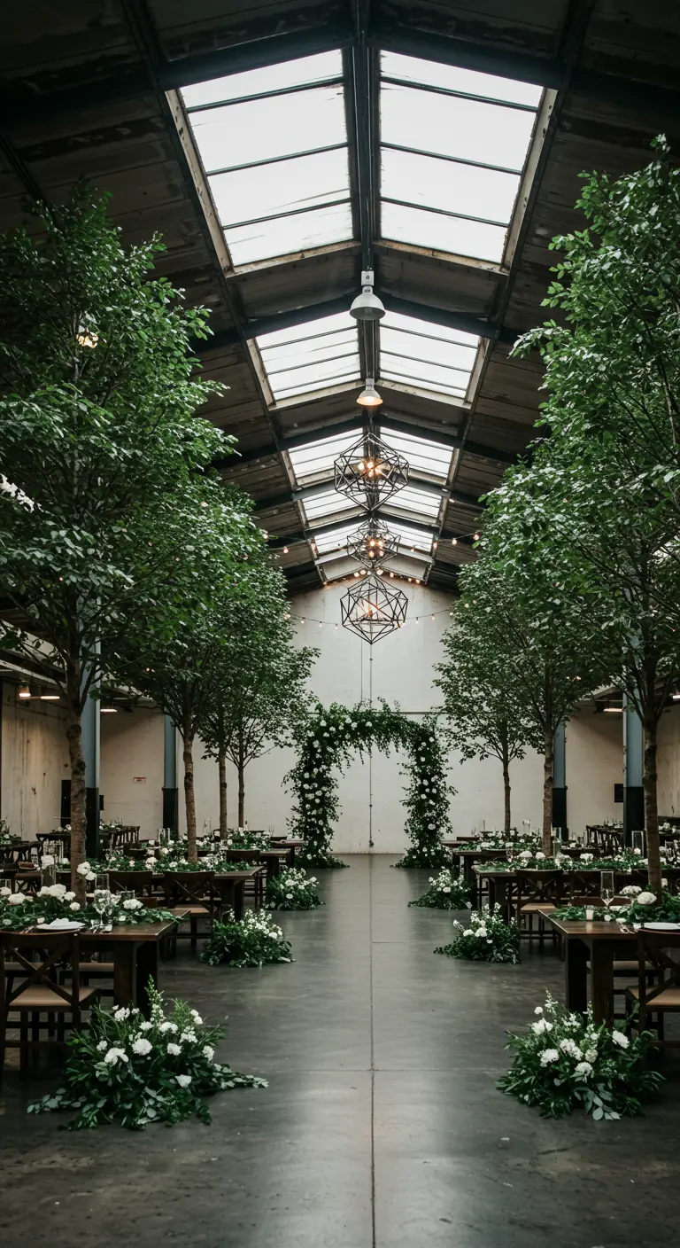 Industriële hal met grote bomen, bloemenboog, houten tafels en bloemstukken.