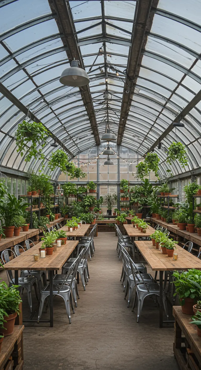 Lange serre met rijen houten tafels, metalen stoelen en planten op schappen langs de muren.