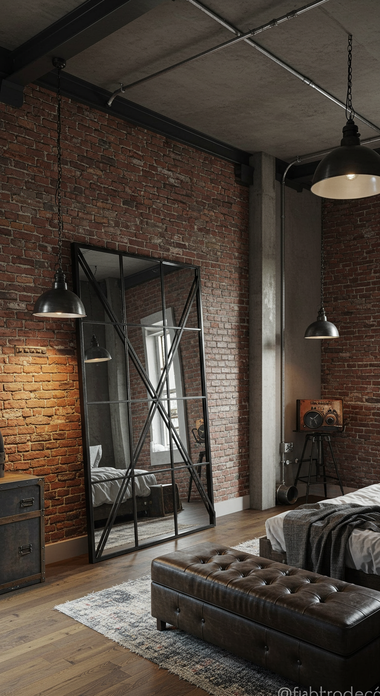 Grote spiegel met zwart metalen raamkozijn-stijl frame in industriële slaapkamer.