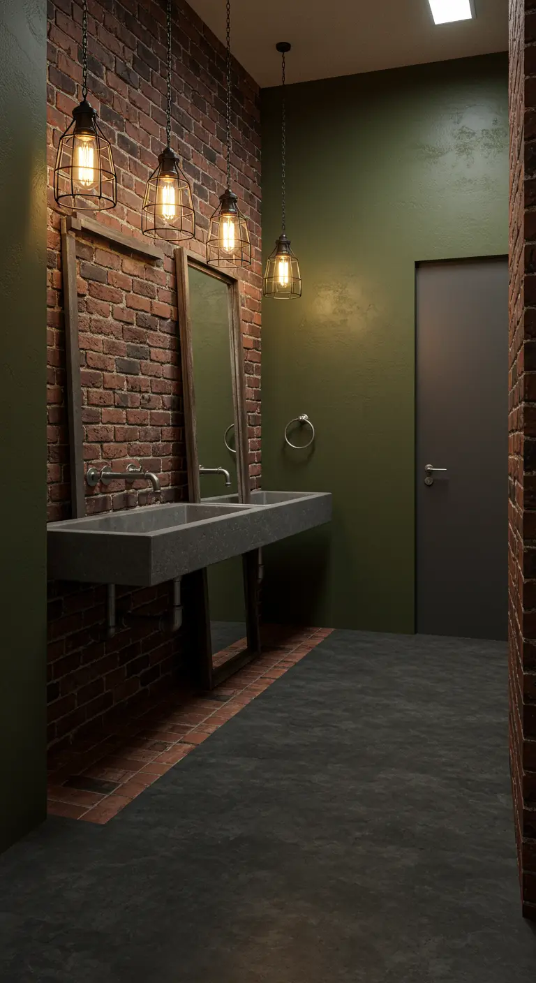 Badkamer met bakstenen muur, groene muren, betonnen wastafel en industriële hanglampen.