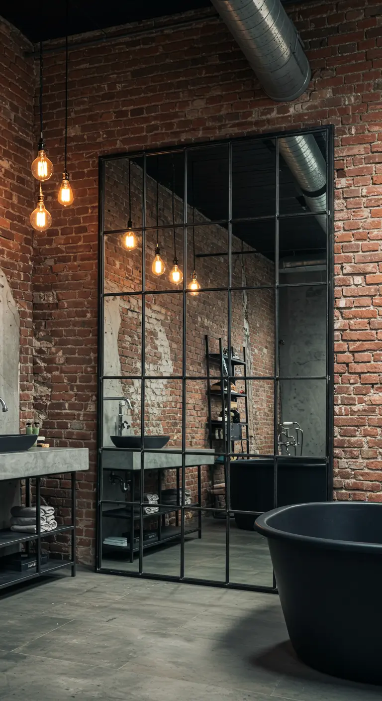 Industriële badkamer met bakstenen muur en grote, zwart stalen spiegel.
