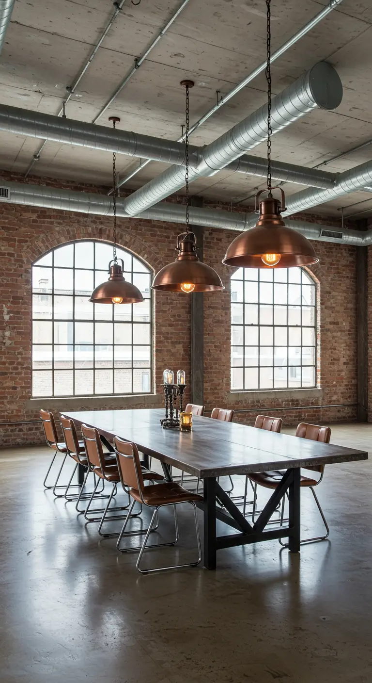 Drie grote koperkleurige industriële hanglampen boven een lange houten tafel in een loft.