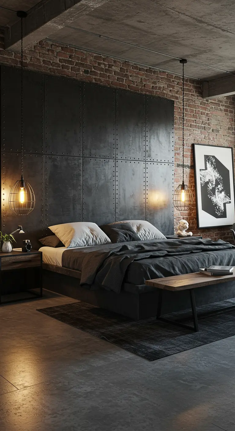 Slaapkamer met industrieel hoofdbord van zwarte metalen platen, beton en baksteen.