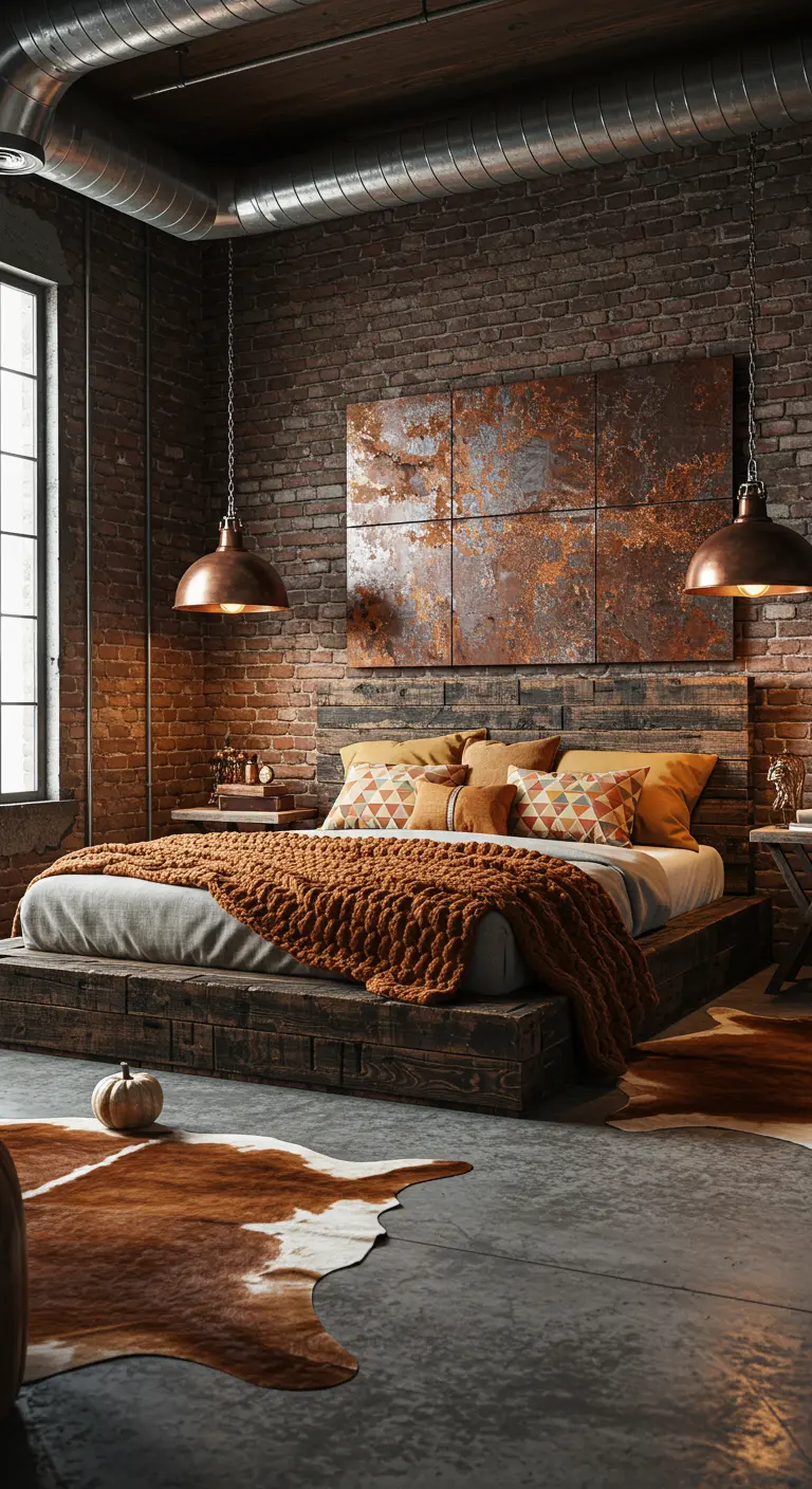 Industriële slaapkamer met bakstenen muur, roestkleurig kunstwerk, koperen lampen en oranje plaid.