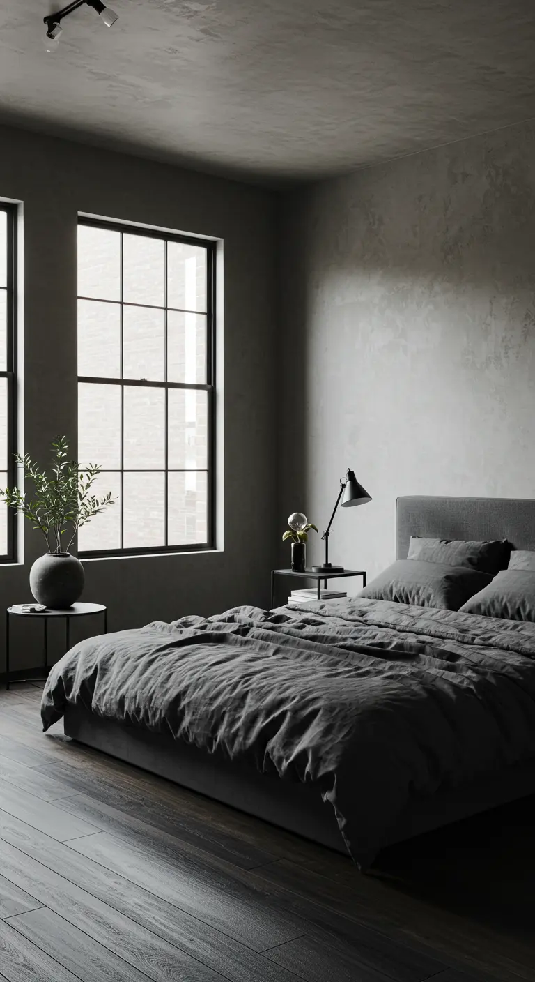 Industriële slaapkamer met donkerbeige muren, donkergrijs linnen, metalen meubels en grote ramen.