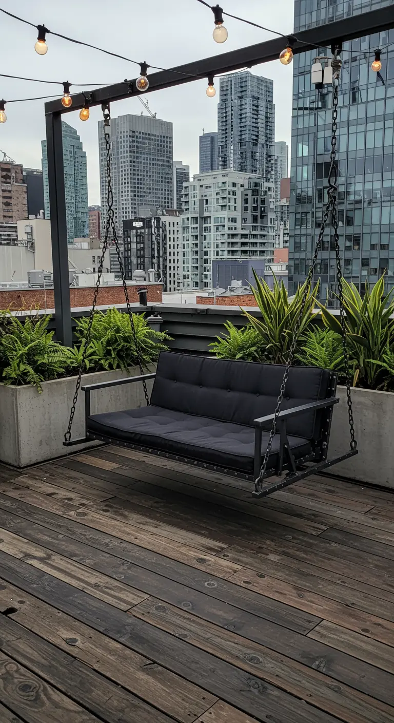 Strak dakterras met industriële schommelbank, donkere houten vloer, grote plantenbakken en stadsskyline.