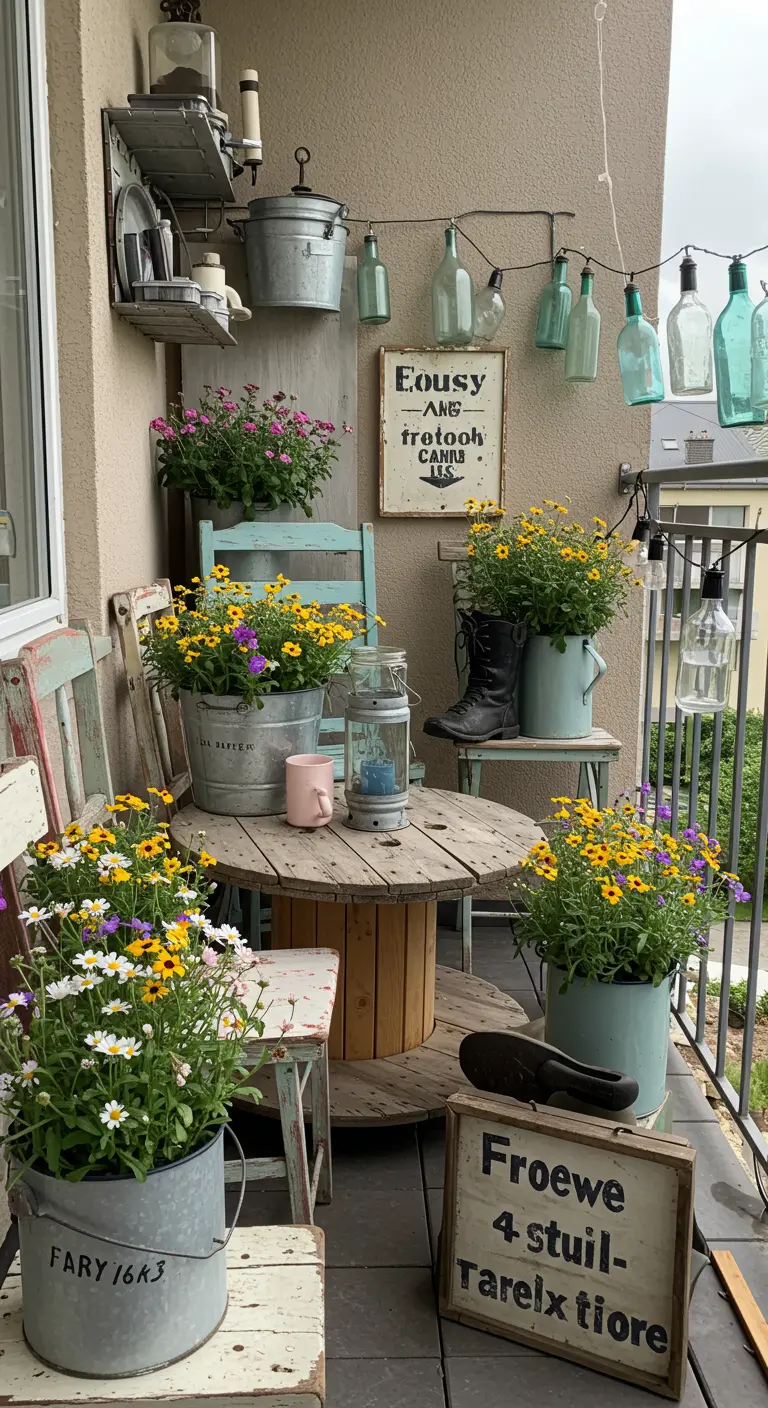 Balkon met tafel van kabelhaspel, mismatched stoelen, zinken potten en vintage flessen.