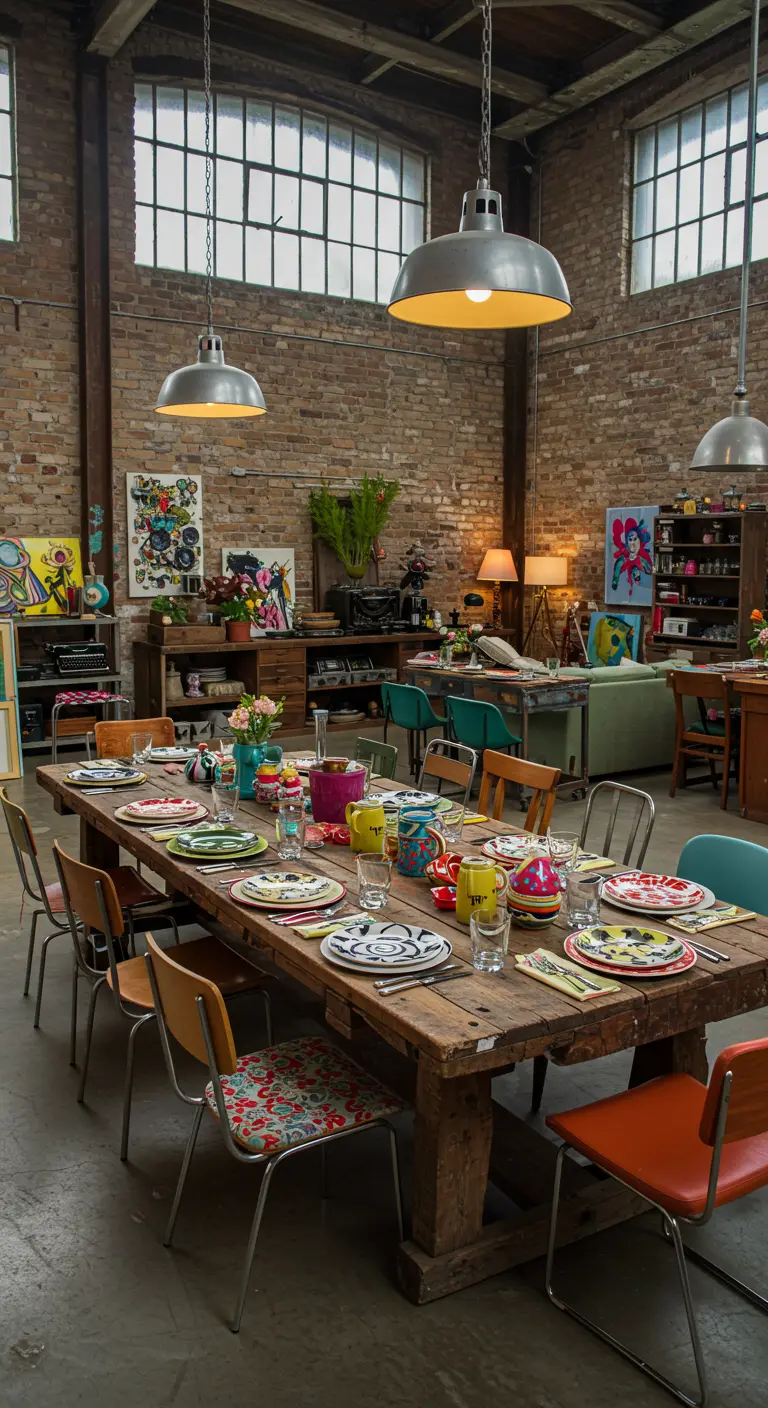 Industriële loft met houten tafel, kleurrijke decoratie en vintage borden met prints.