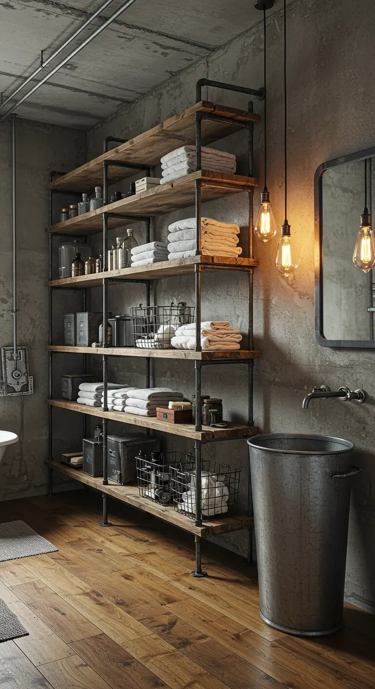 Groot industrieel open rekkensysteem met houten planken vol handdoeken en opbergers.