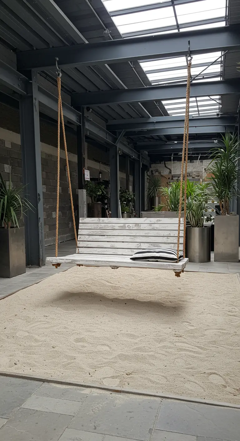 Witte houten schommelbank met gestreept kussen op zand in een industriële ruimte.