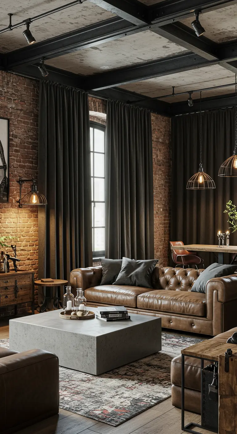 Industriële woonkamer met bakstenen muren, donkergrijze gordijnen en een leren bank.