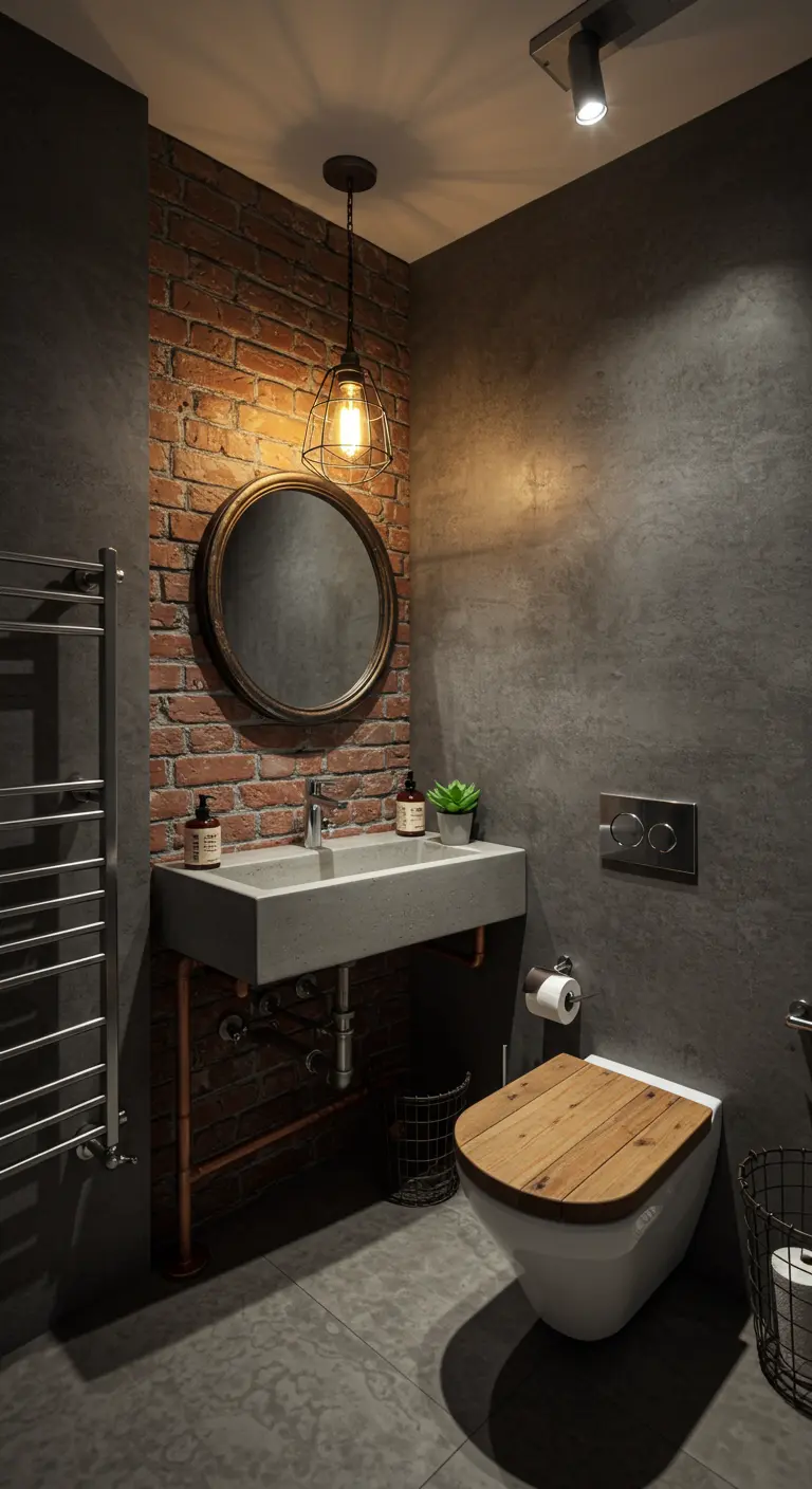 Industriële badkamer met bakstenen muur, betonnen wasbak en koperen leidingen.