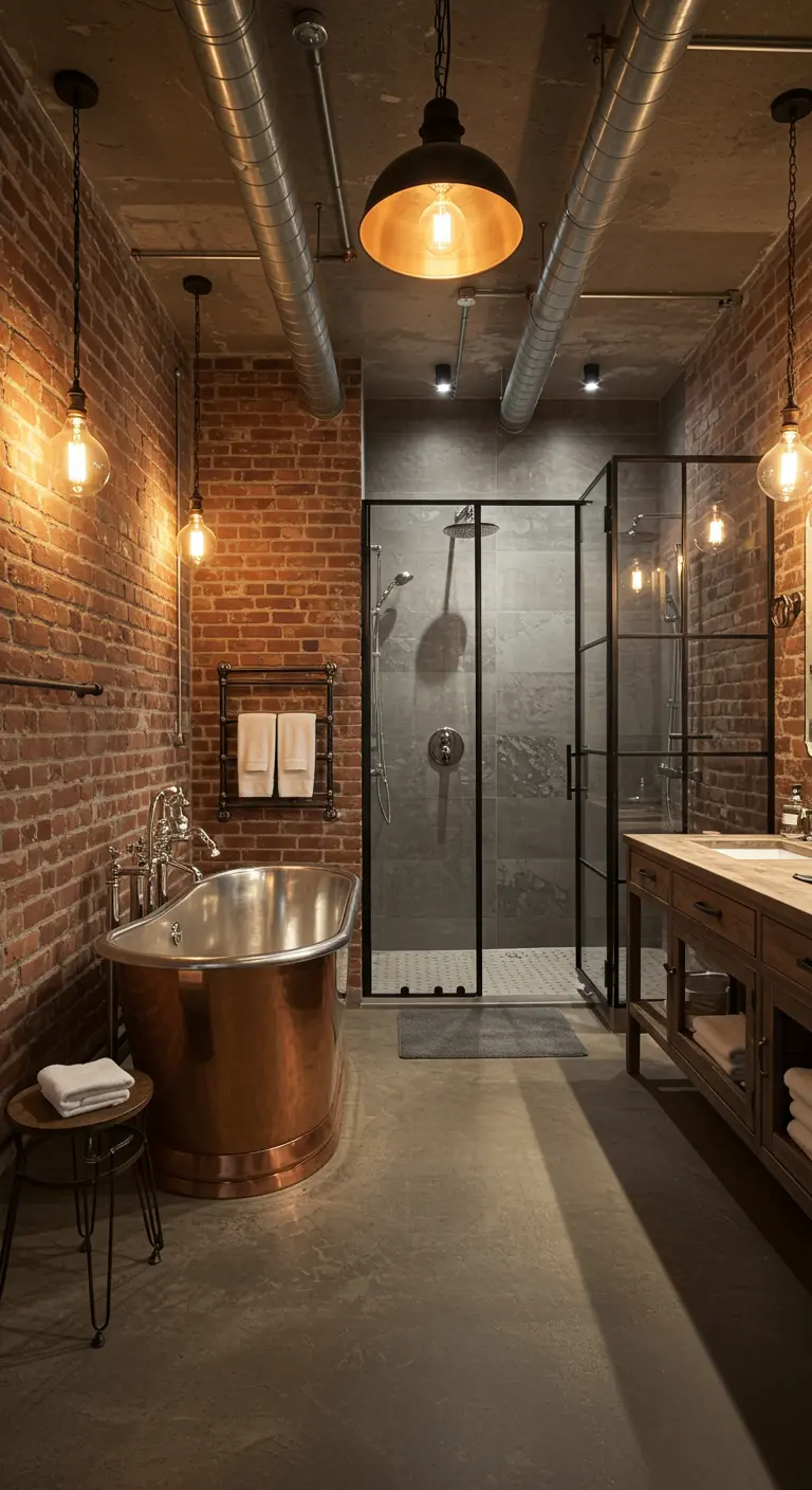 Industriële badkamer met bakstenen muur, koperen bad en zichtbare leidingen.