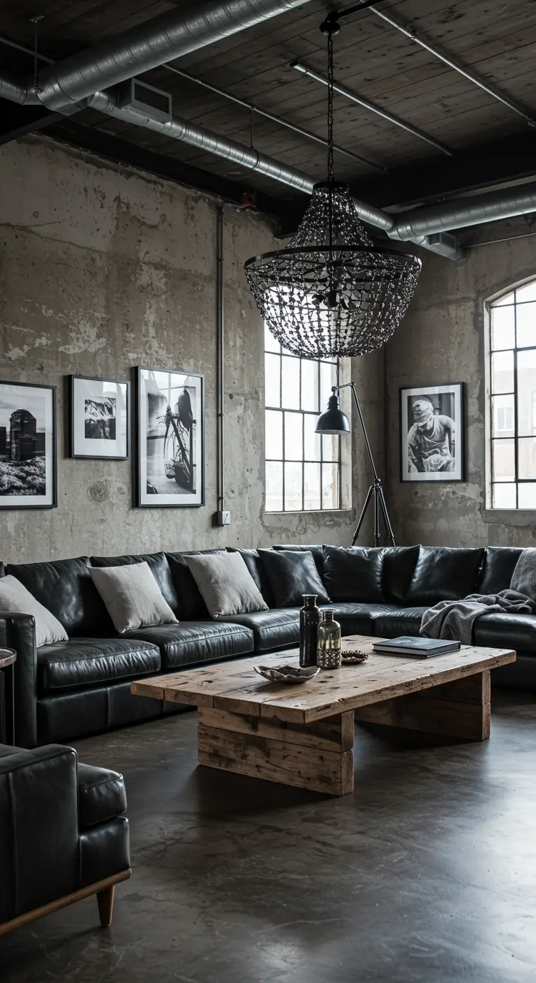 Industriële loft woonkamer met betonnen muren, zwarte leren bank en houten salontafel.