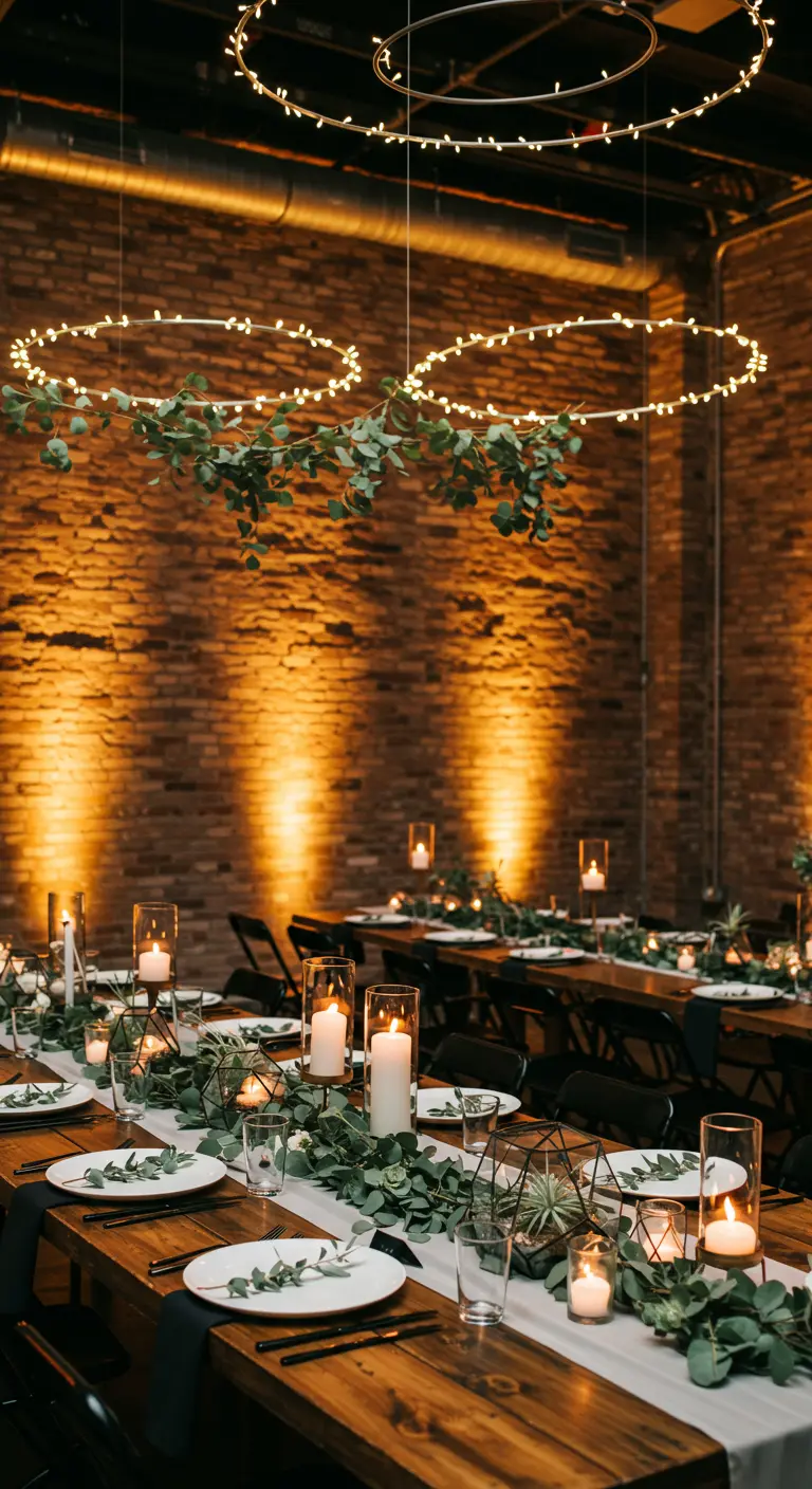 Industriële bruiloftssetting met hangende lichtcirkels, eucalyptus en kaarsen op lange tafels.