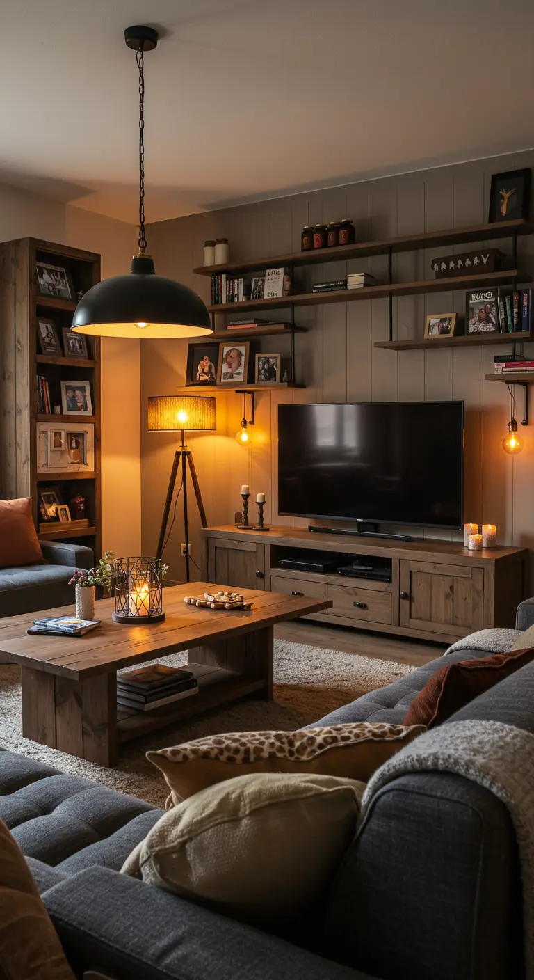 Warme industriële TV-hoek met open planken, houten meubels en sfeerverlichting.