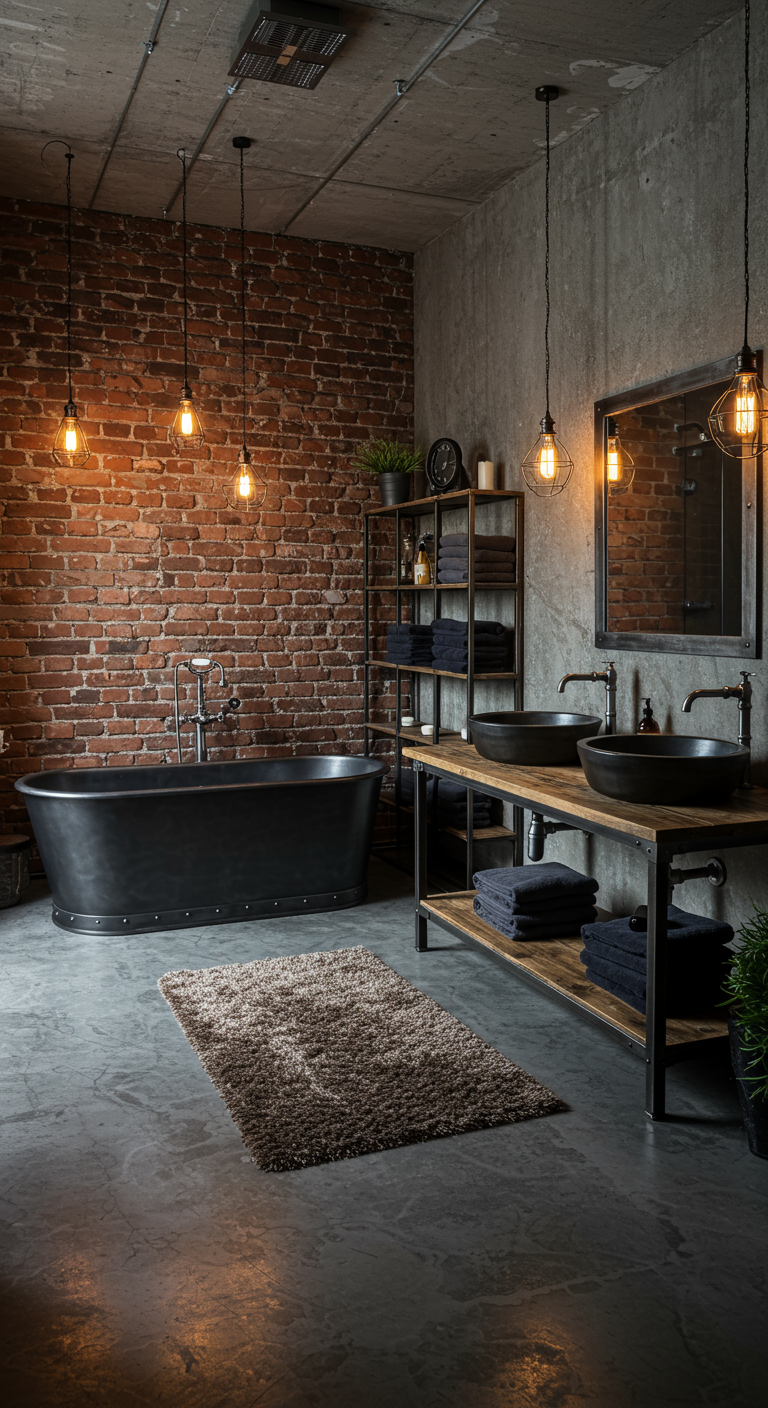 Industriële badkamer met bakstenen muur en Edison lampen.