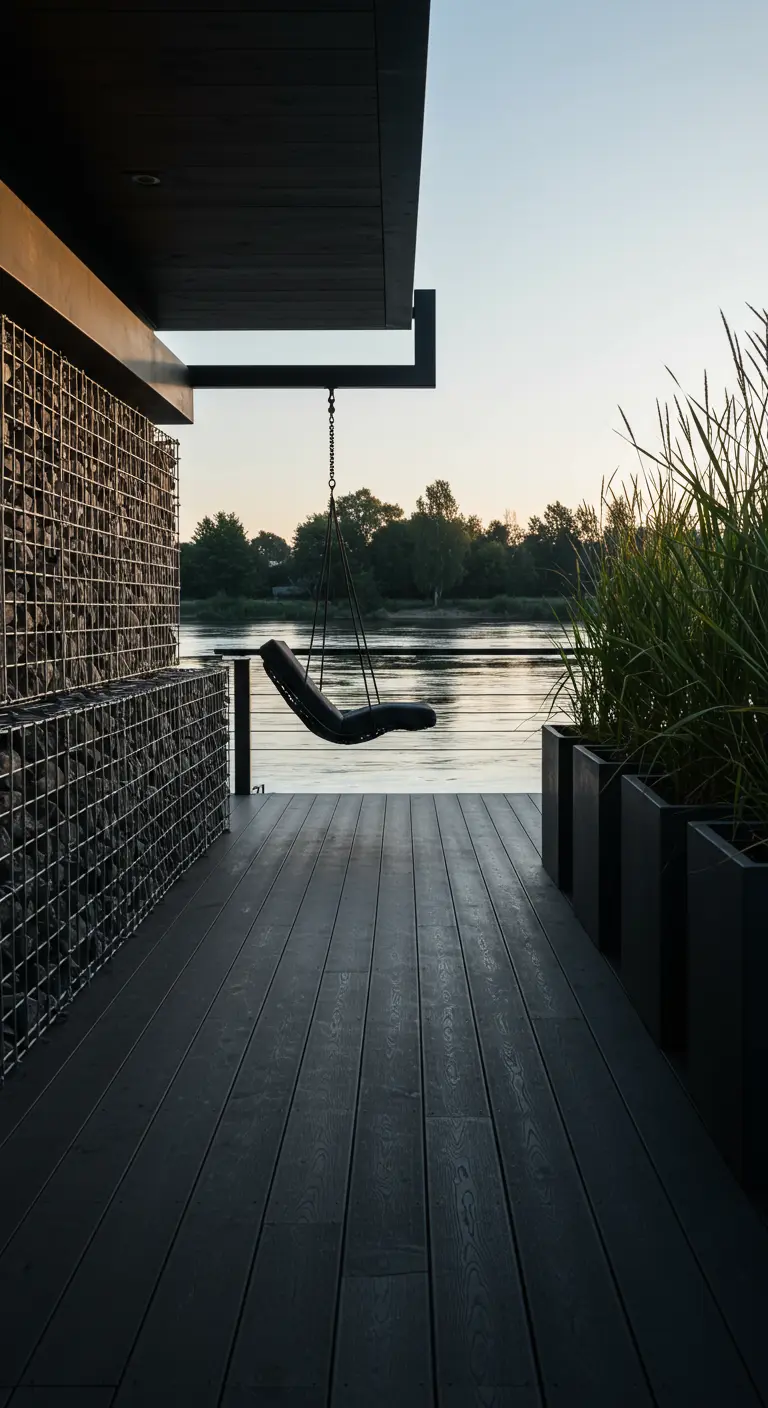 Zwarte hangstoel hangend aan een stalen frame op een houten vlonder naast een gabionmuur aan het water
