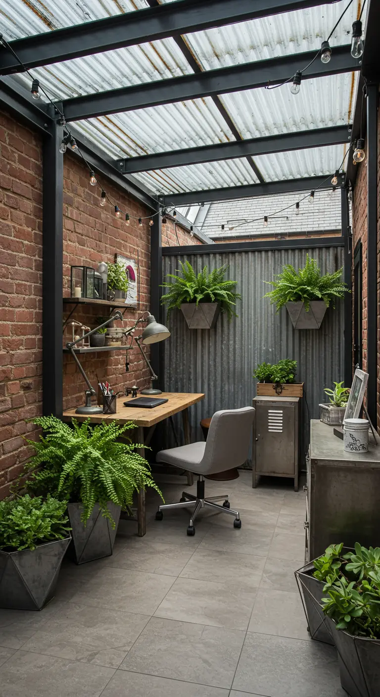 Industriële buitenwerkplek onder een golfplaten dak met bakstenen muur en veel planten.