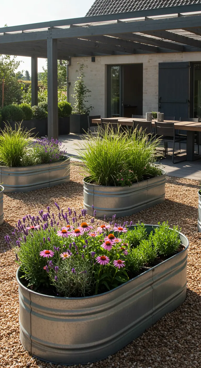 Ovale zinken stock tanks gevuld met siergrassen en bloeiende planten in een tuin met grind.
