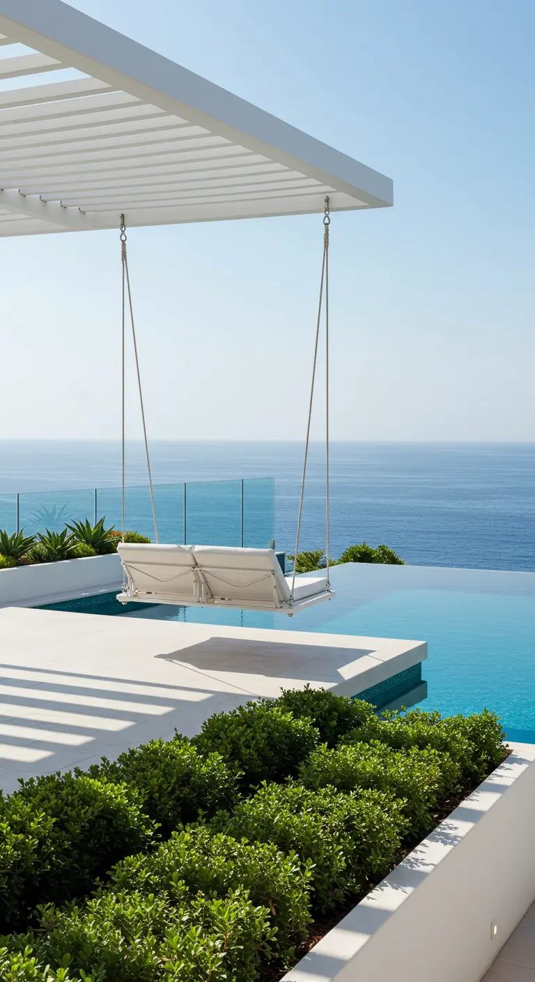 Witte dubbele hangstoel onder pergola met uitzicht op zee en zwembad.