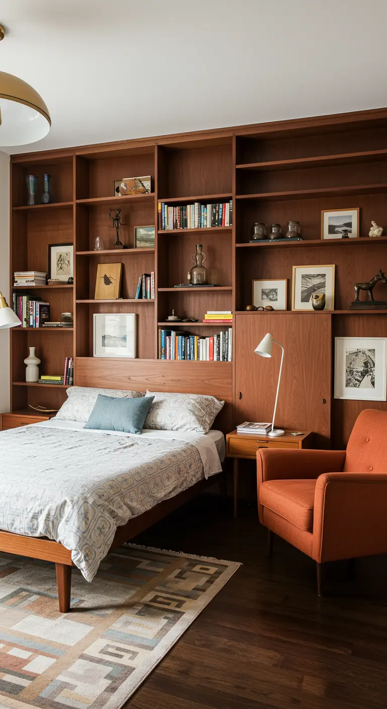 Slaapkamer met walnoothouten ingebouwde boekenkast, bed en oranje fauteuil.