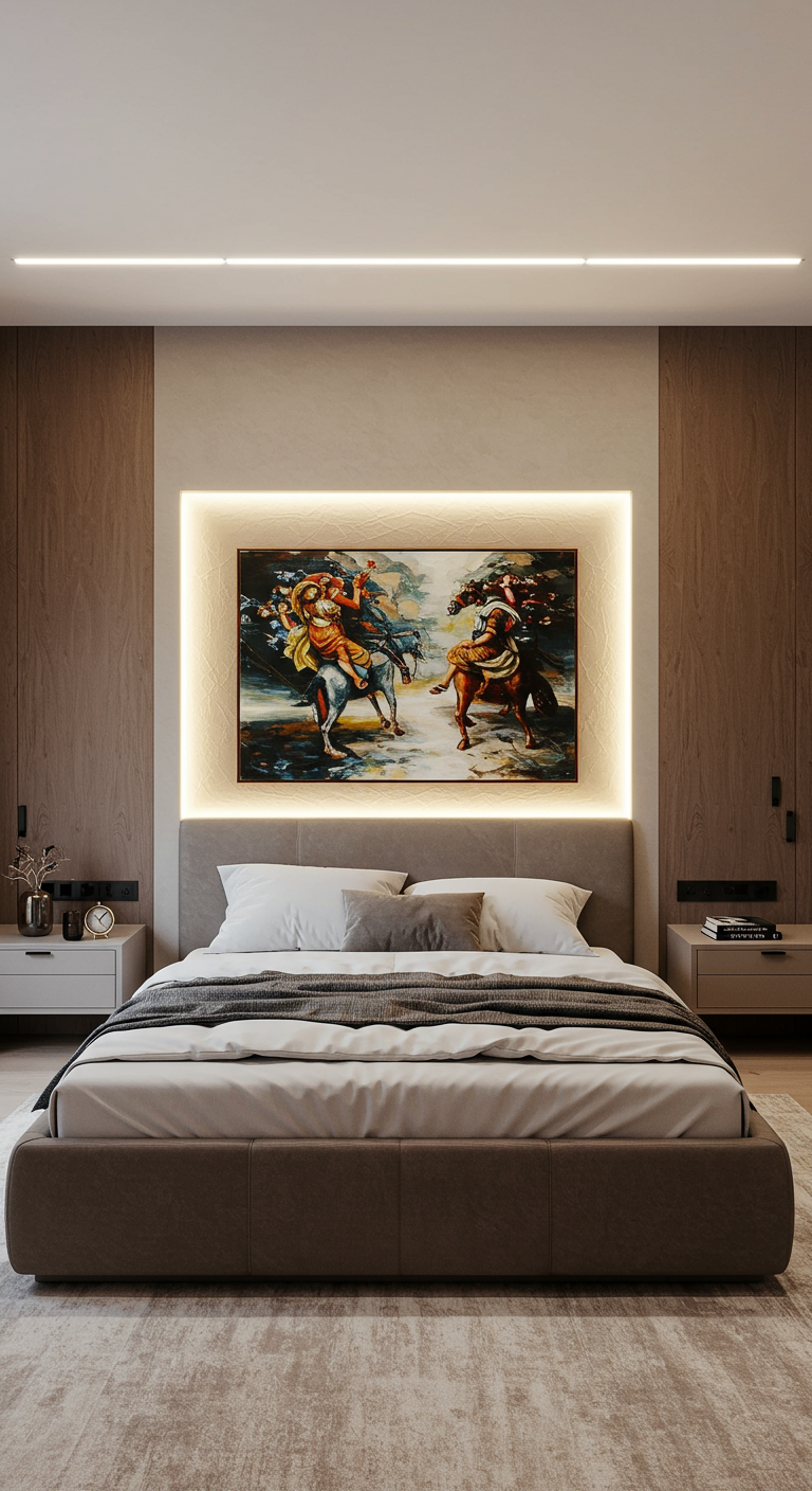 Moderne slaapkamer met een groot schilderij boven het bed, omlijst met indirecte LED-verlichting.