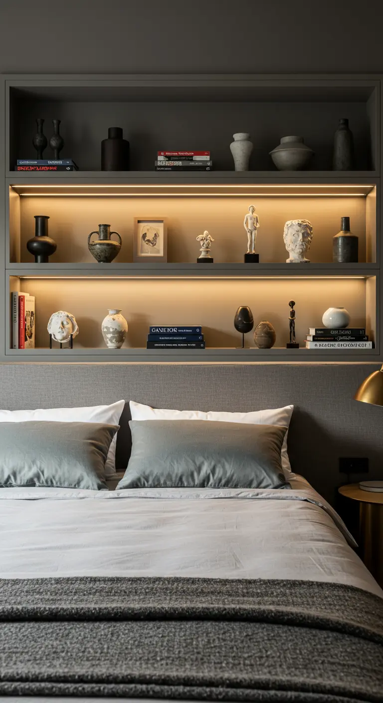 Ingebouwde nissen met LED-verlichting en decoratieve objecten boven bed.
