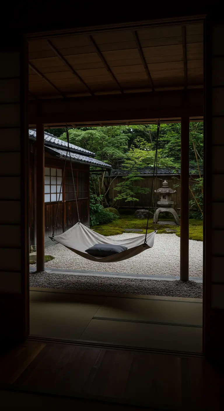 Eenvoudige canvas hangmat in Japanse setting, zicht vanuit donkere kamer.