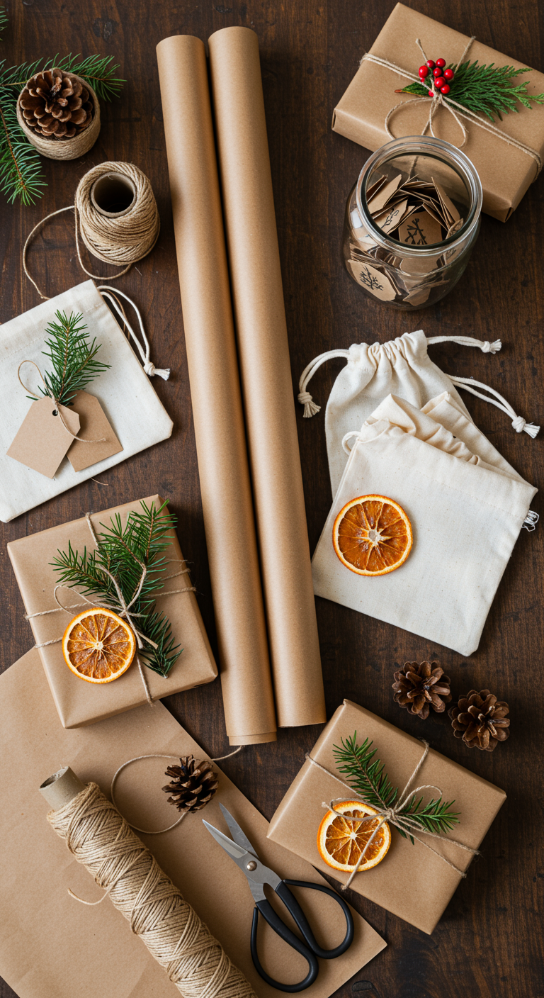 Materialen voor ecologisch inpakken: kraftpapier, touw, dennentakjes, gedroogde sinaasappel.