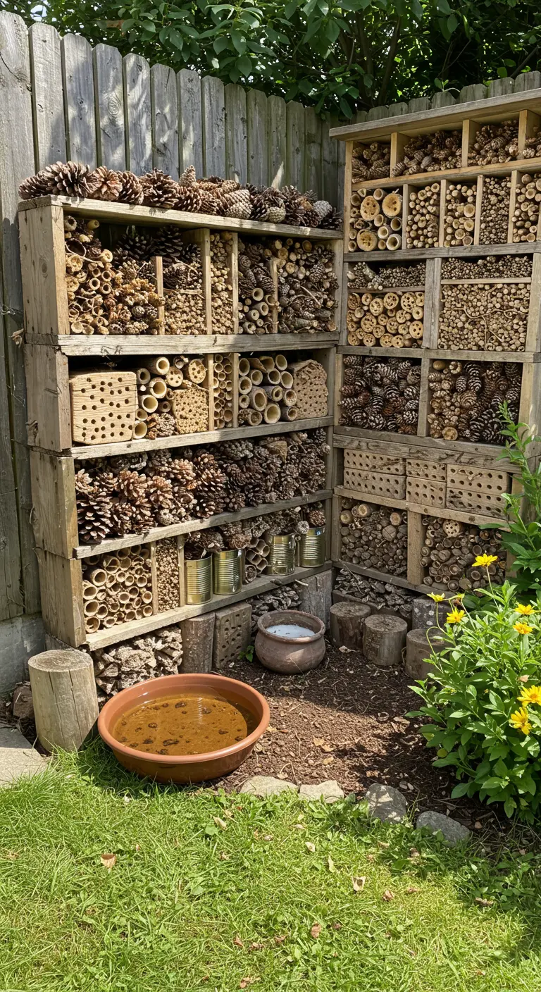 Groot insectenhotel gemaakt van gestapelde houten kratten en natuurlijke materialen.