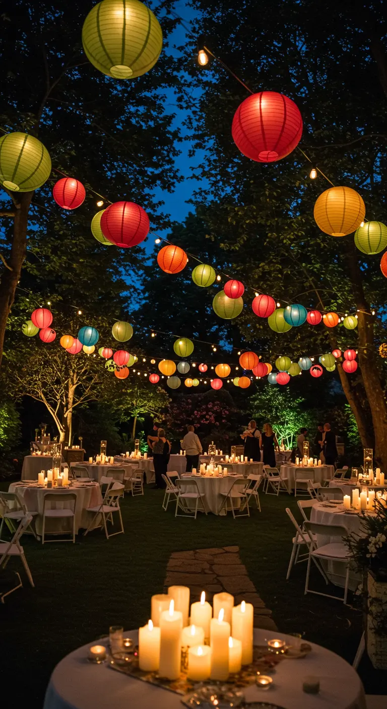 Tuinfeest 's avonds met vele kleurrijke lampionnen en kaarslicht op de tafels.