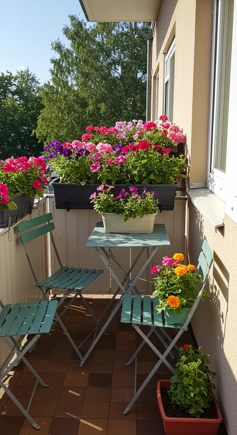 Zonnig balkon met kleurrijke bloemen in bakken aan de reling en op een tafeltje naast een bistroset.