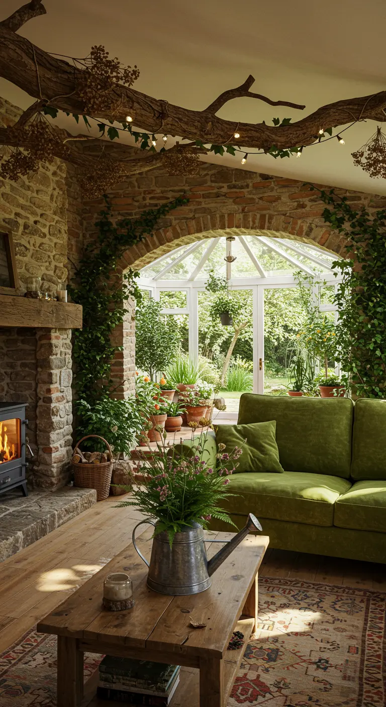 Groene woonkamer met stenen open haard en klimplanten aan de muur.
