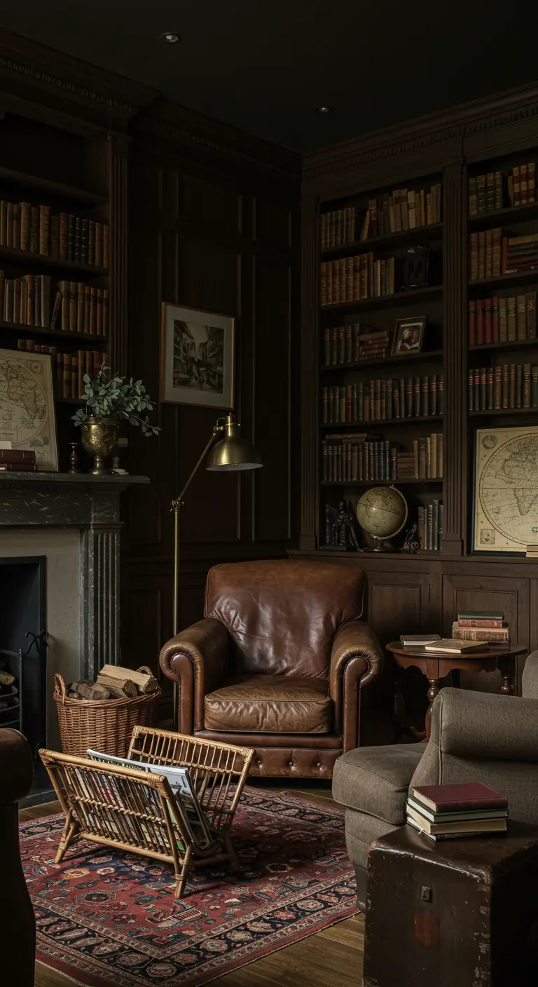 Donkere, klassieke studeerkamer met lederen fauteuil, boekenkasten en een rotan lectuurbak.