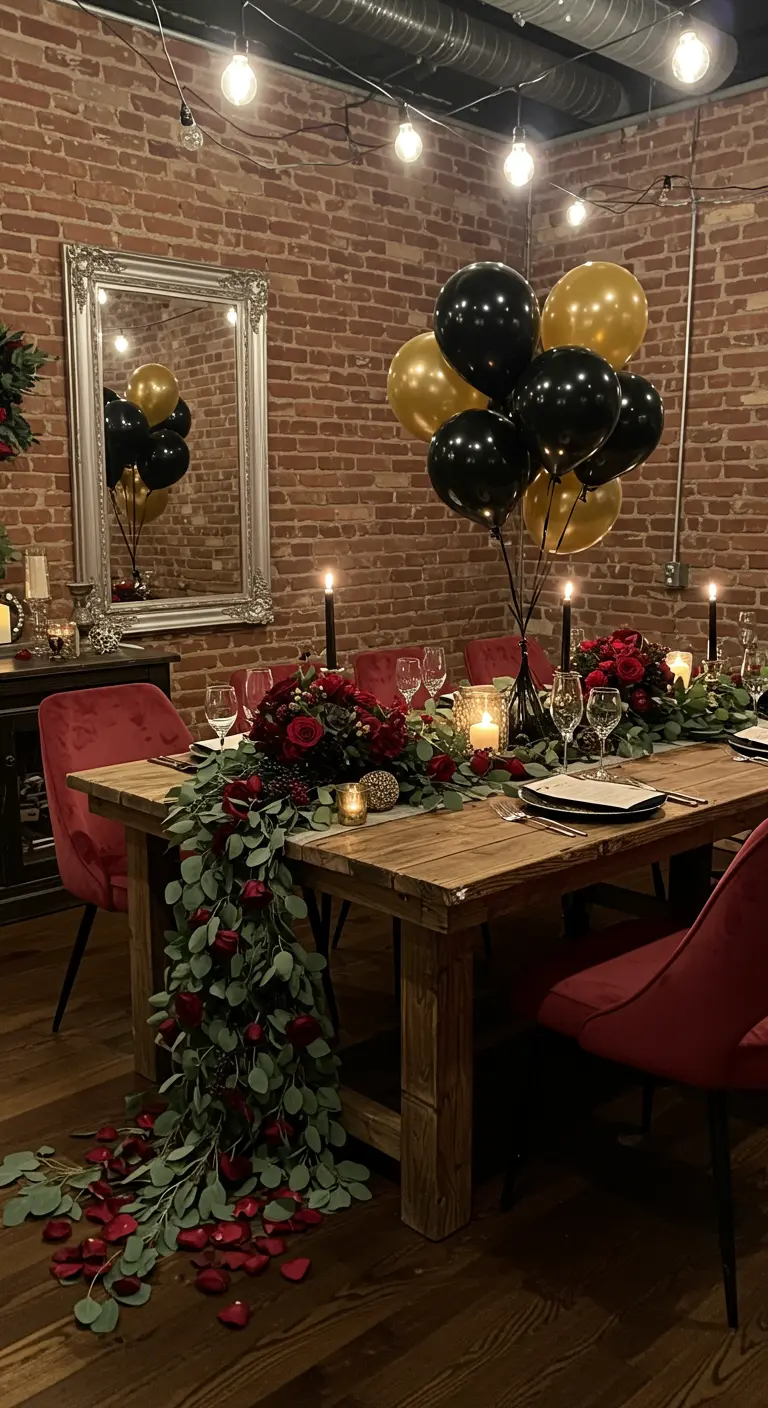 Tafelschikking met rode rozen, eucalyptus, zwarte en gouden ballonnen en kaarslicht.