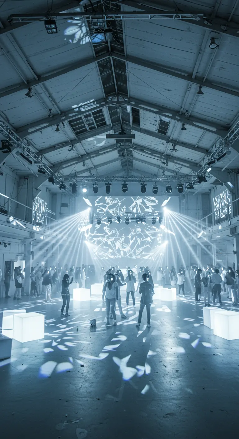 Feest met mensen die dansen op een vloer met interactieve witte lichtprojecties.