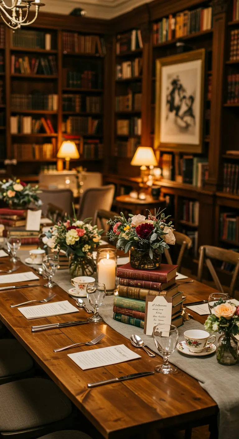 Trouwdiner in bibliotheeksetting met bloemen op stapels boeken.