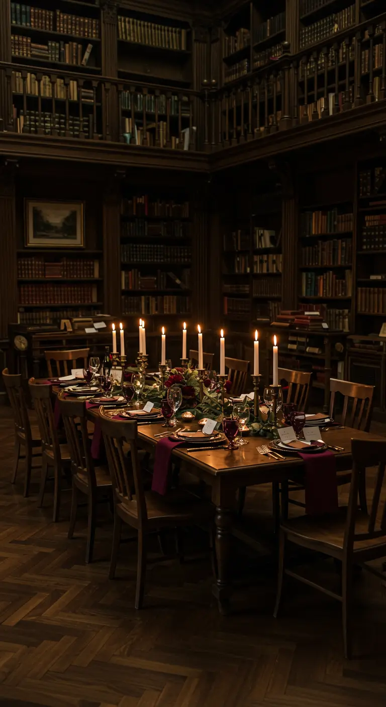 Lange, gedekte tafel voor een bruiloftsdiner in een klassieke bibliotheek.