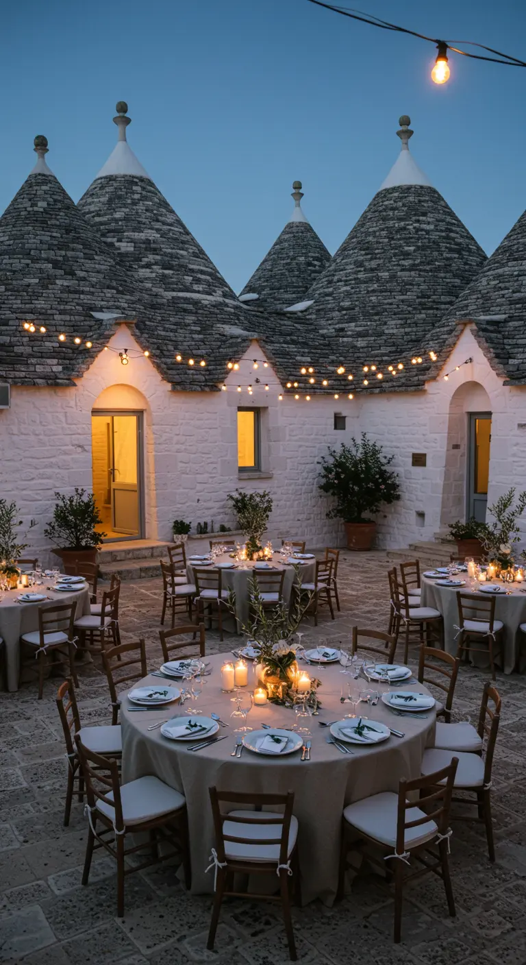 Avonddiner tussen trulli-huizen met ronde tafels en string lights